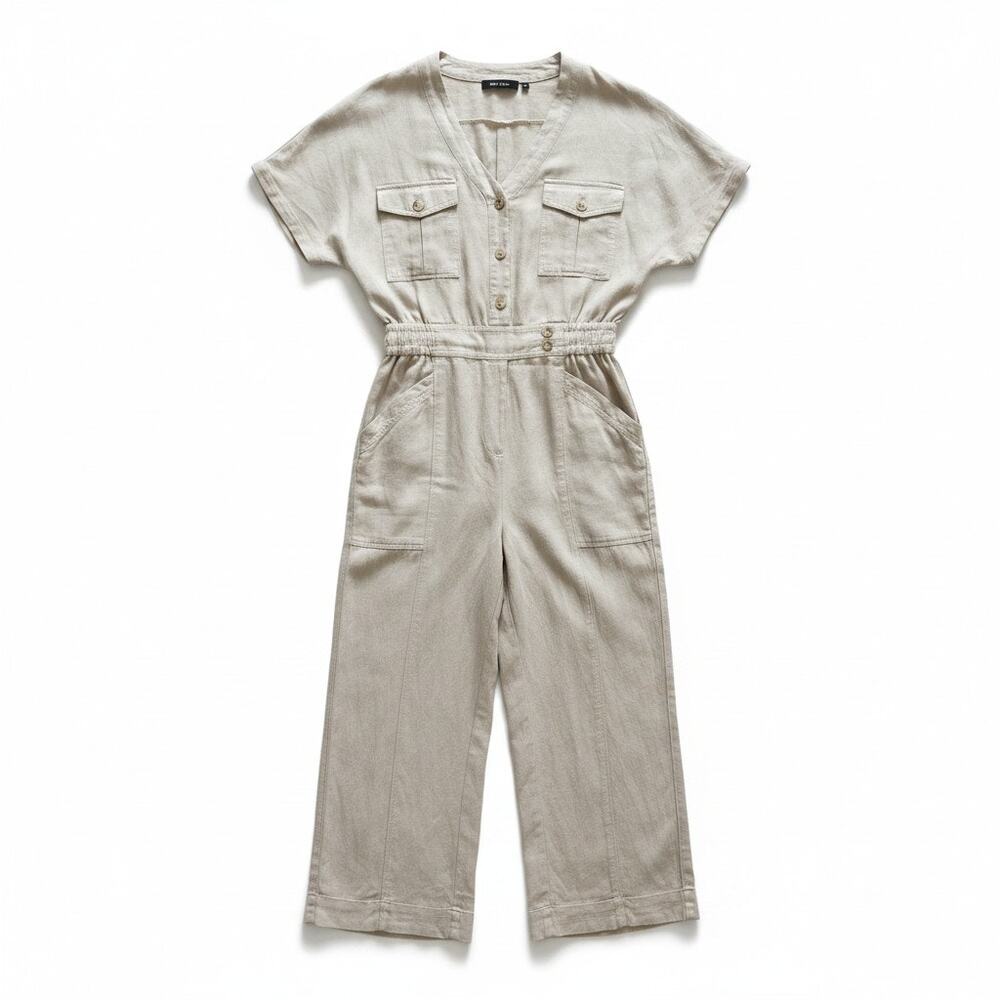 Joes Jeans New Linen Blend Utility Straight Leg Jumpsuit Beige S Coastal Preppy